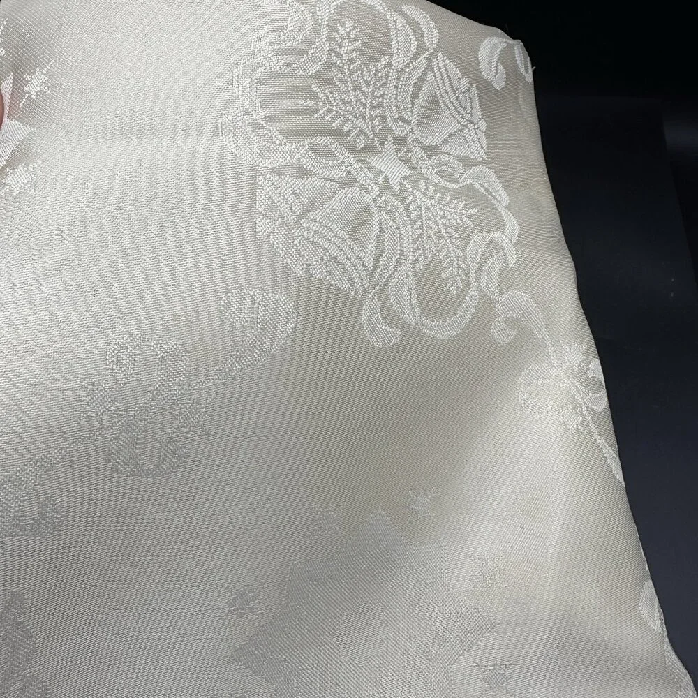 Vintage Cream Satin Damask Tablecloth 70 x 54 Floral Star Pattern